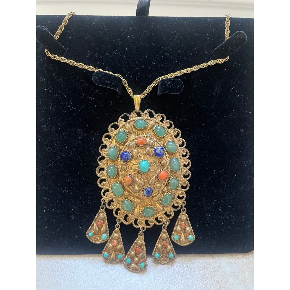 Unique Tibetan Vintage Necklace With Natural Turquoise Lapis Jade Coral